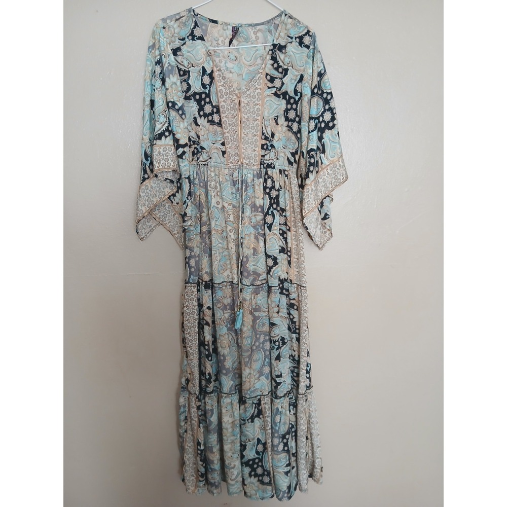 Me 2 Magic Dress Small Maxi Kaftan Floral Cottage Peasant Resort Boho Tassel New